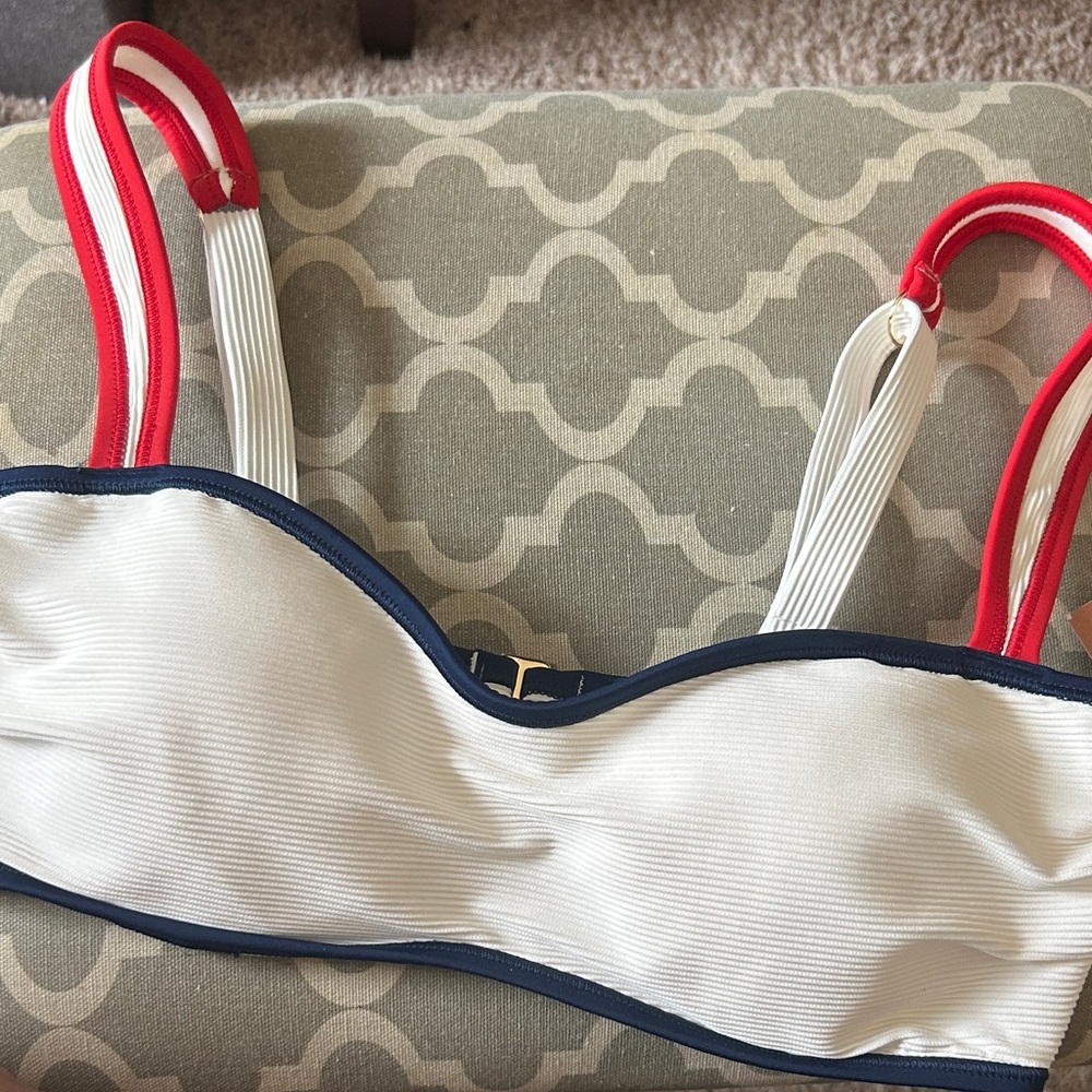 Shade & Shore White Bikini Top with Navy Trim and Red-Strap Accents